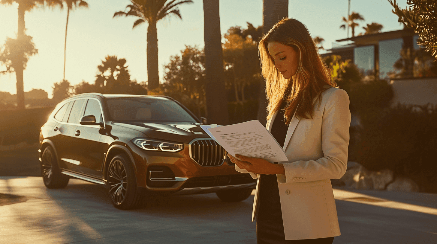 Woman in a cream blazer reviewing paperwork beside a dark BMW X5 at sunset