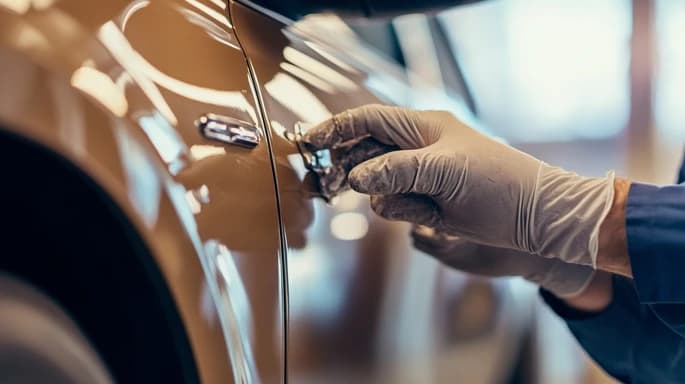 A gloved hand running along a car's door panel and handle during a lease-end condition inspection.