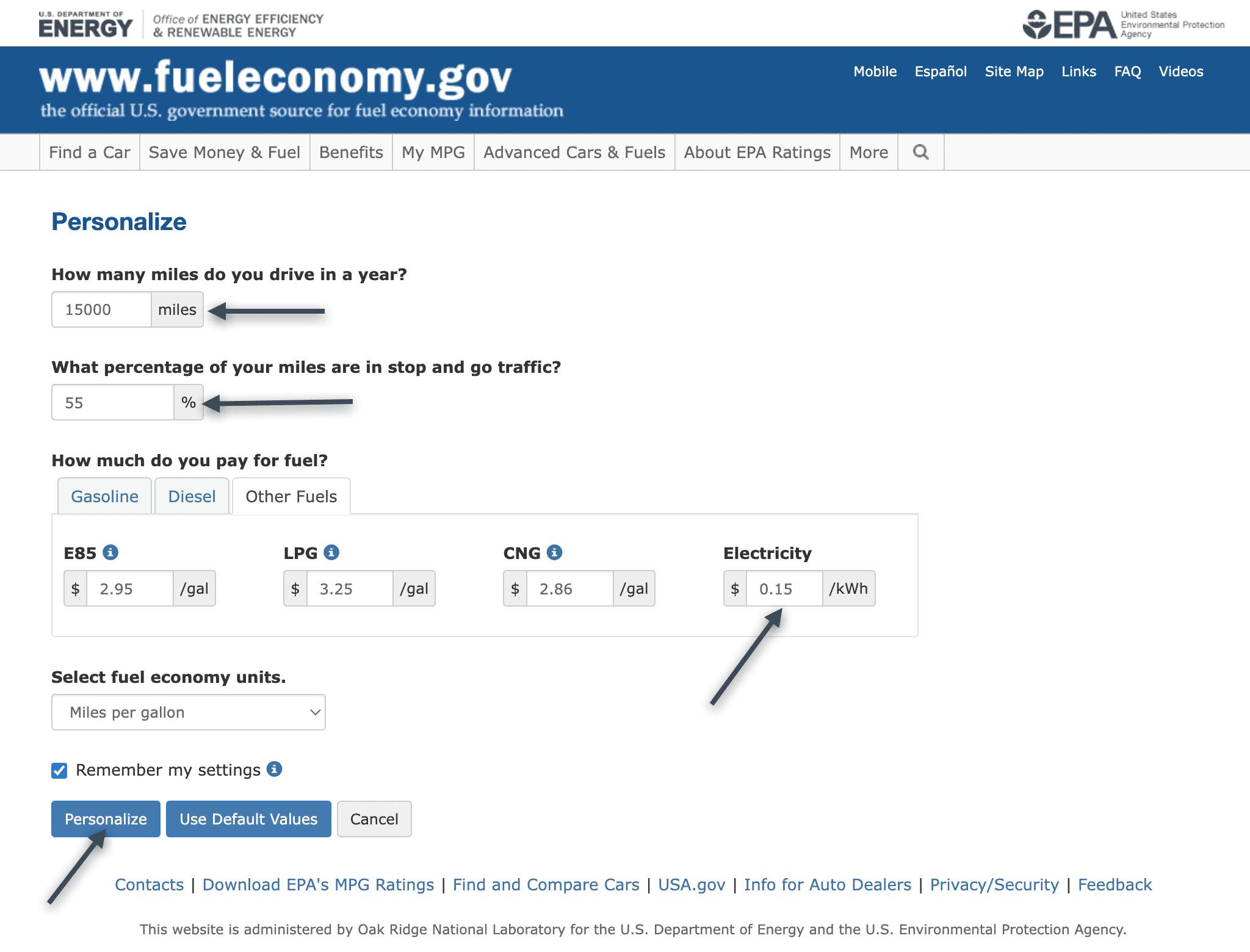 The Personalize form's Other Fuels tab, with the home electricity rate set to $0.15 per kilowatt-hour.
