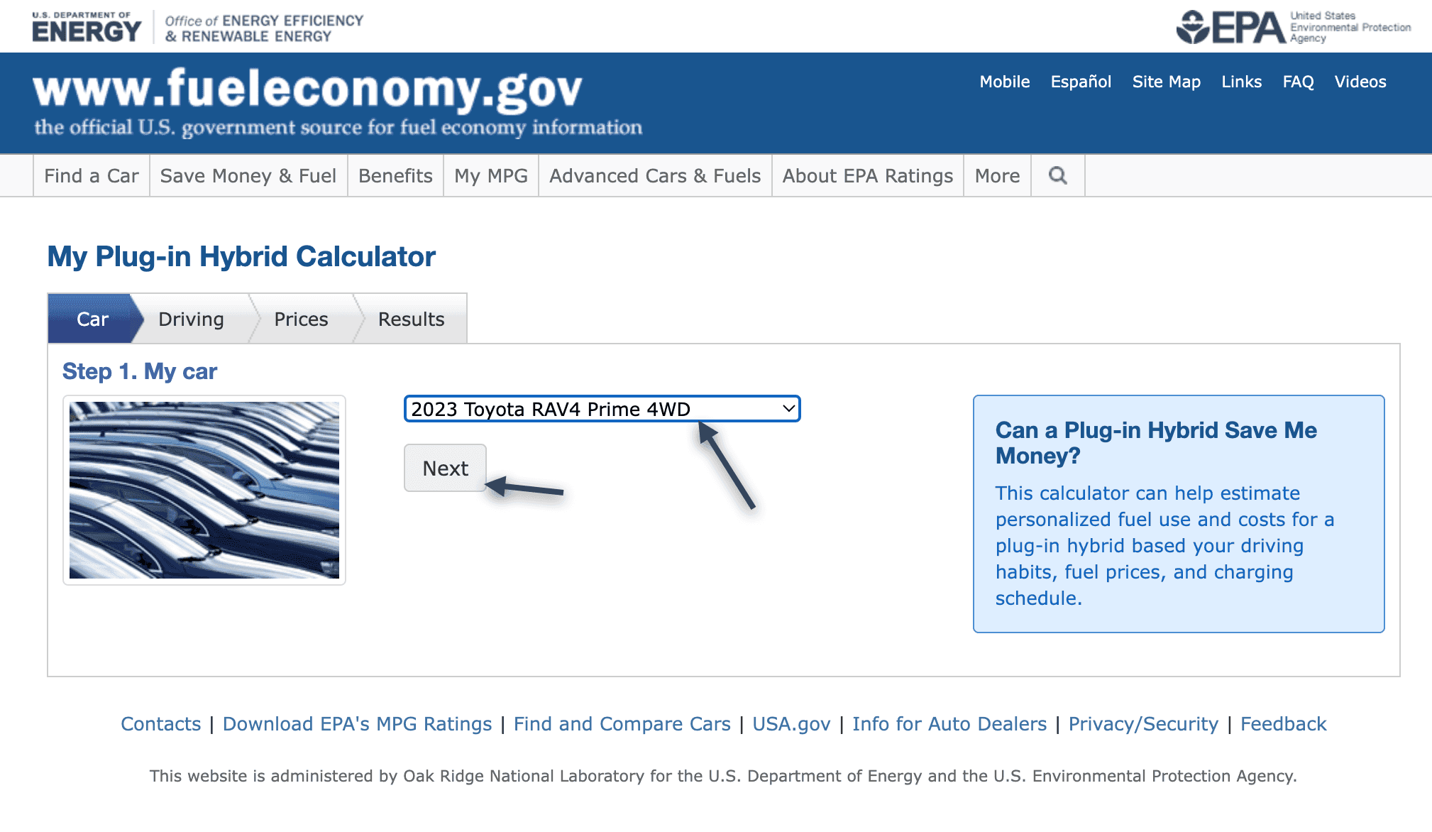 Step 1 of the Plug-in Hybrid Calculator, with a 2023 Toyota RAV4 Prime 4WD selected.