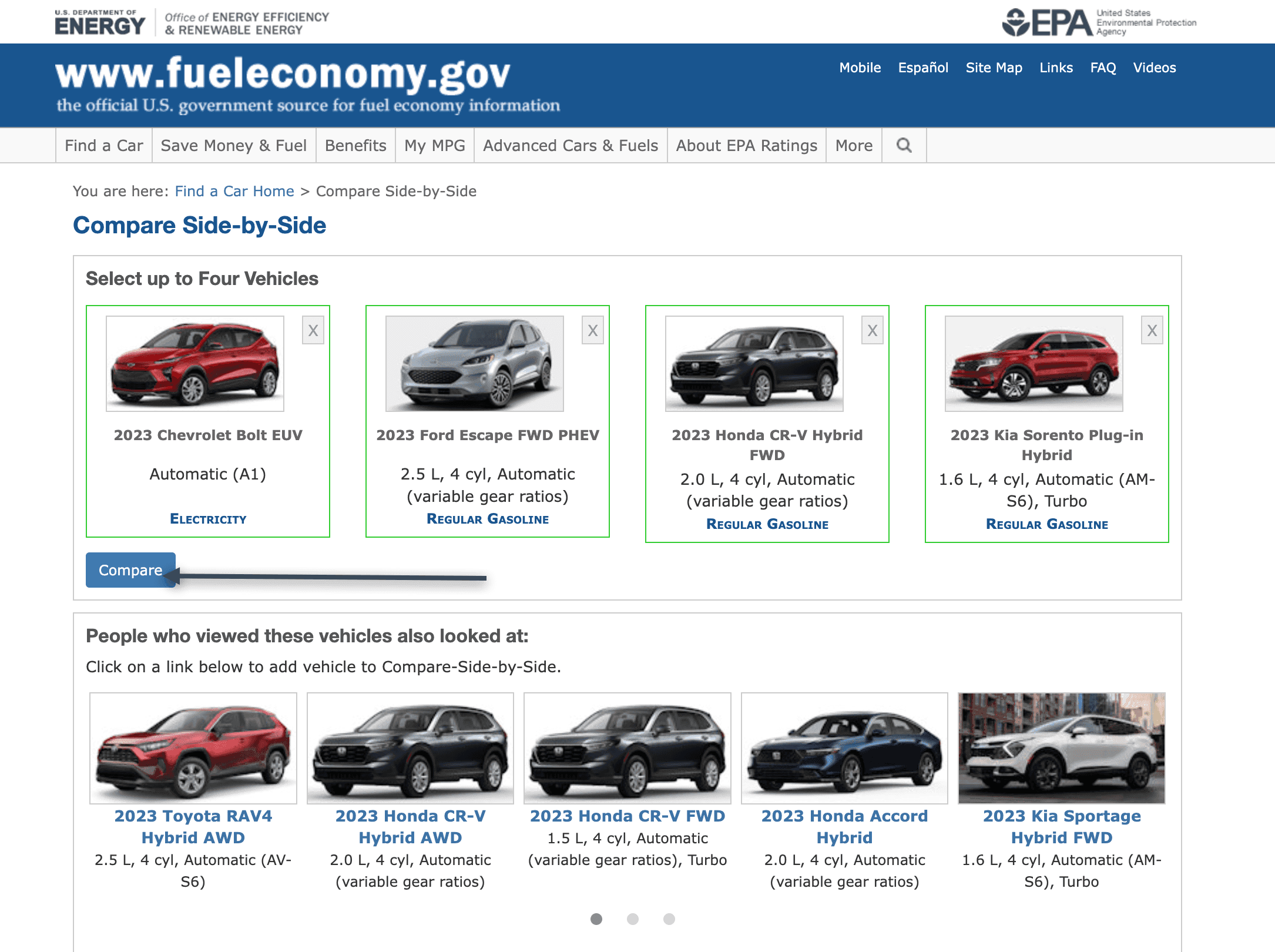 Four 2023 vehicles chosen for comparison, a Chevrolet Bolt EUV, Ford Escape PHEV, Honda CR-V Hybrid and Kia Sorento Plug-in Hybrid, with the Compare button marked.
