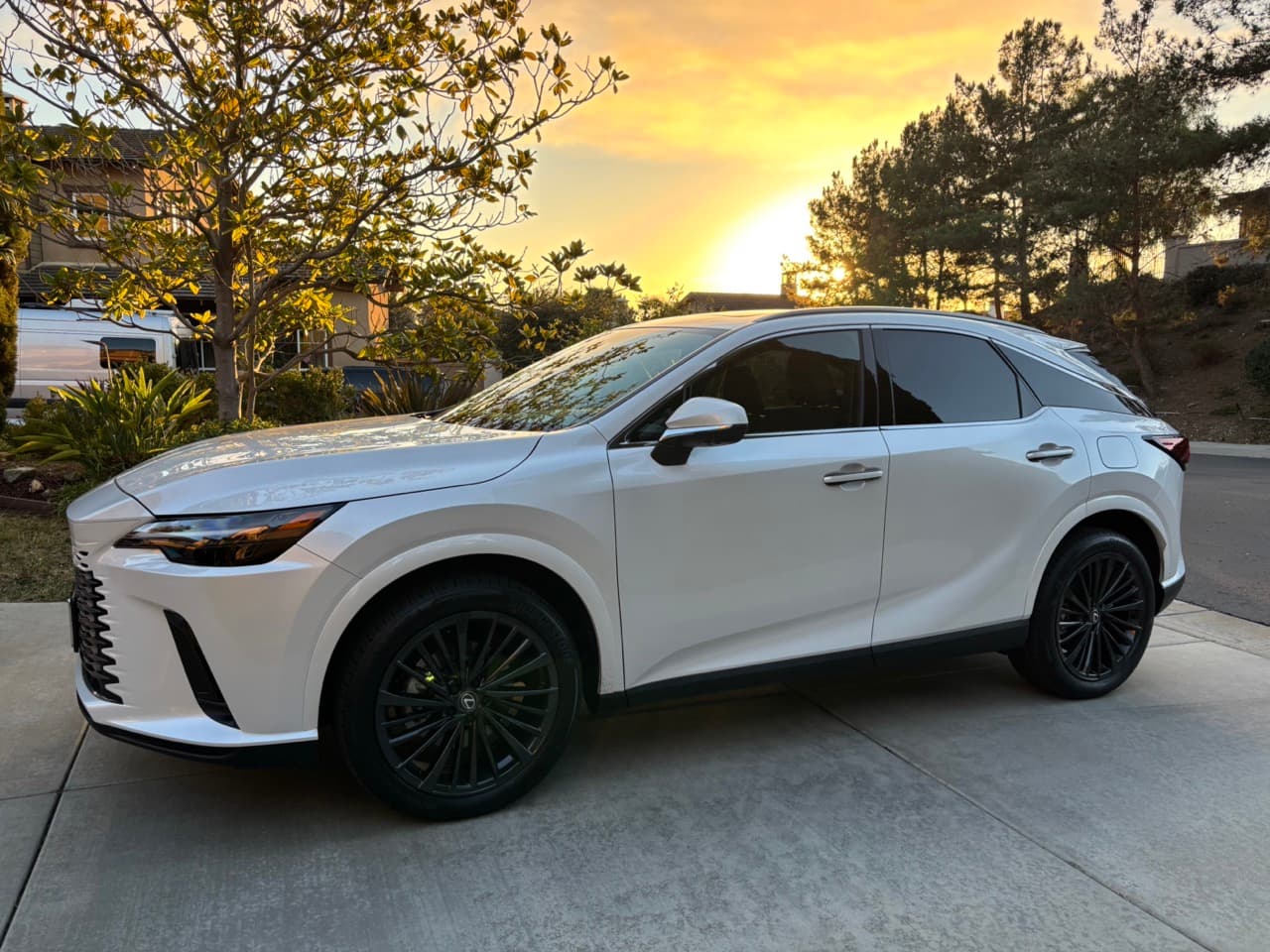 White Lexus RX parked on a residential driveway at sunset