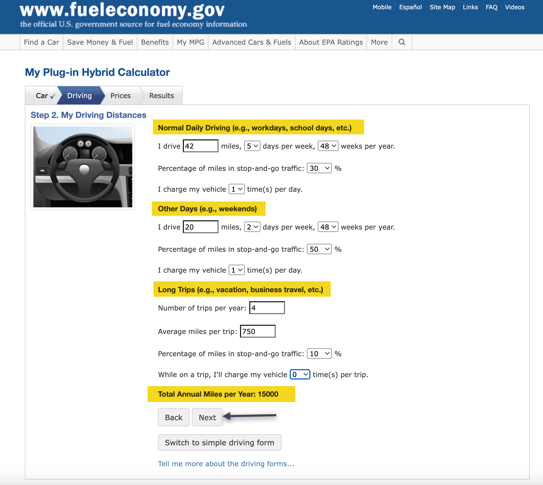 The detailed driving form filled in: 42 miles a day five days a week, 20 miles on each of two weekend days, and four long trips of 750 miles, totalling 15,000 miles a year.