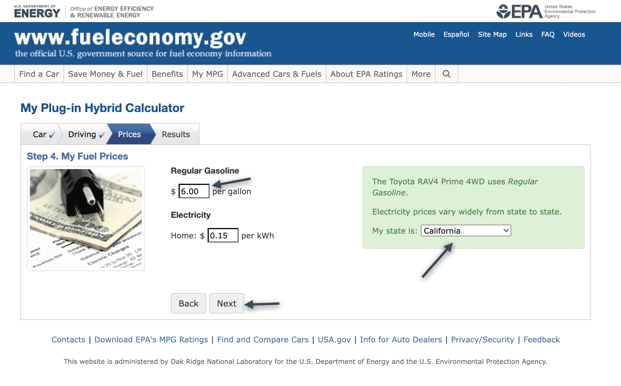Step 4 of the calculator, with regular gasoline at $6.00 a gallon, home electricity at $0.15 per kilowatt-hour, and California selected as the state.