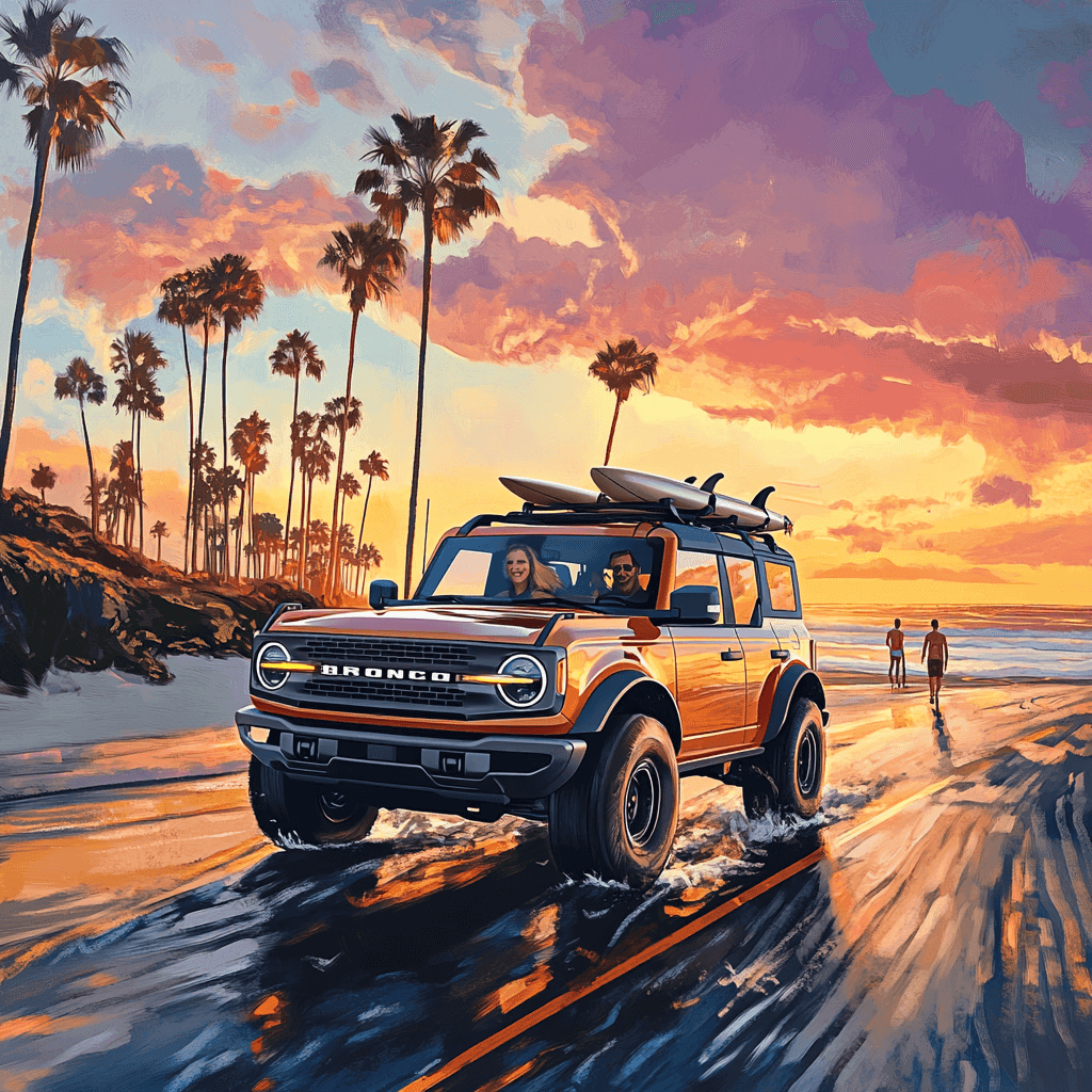 Family driving a mid-size SUV along the Pacific Coast Highway in Carlsbad, California at sunset, surfboards on roof rack, returning from a beach day, with palm trees and ocean in background.