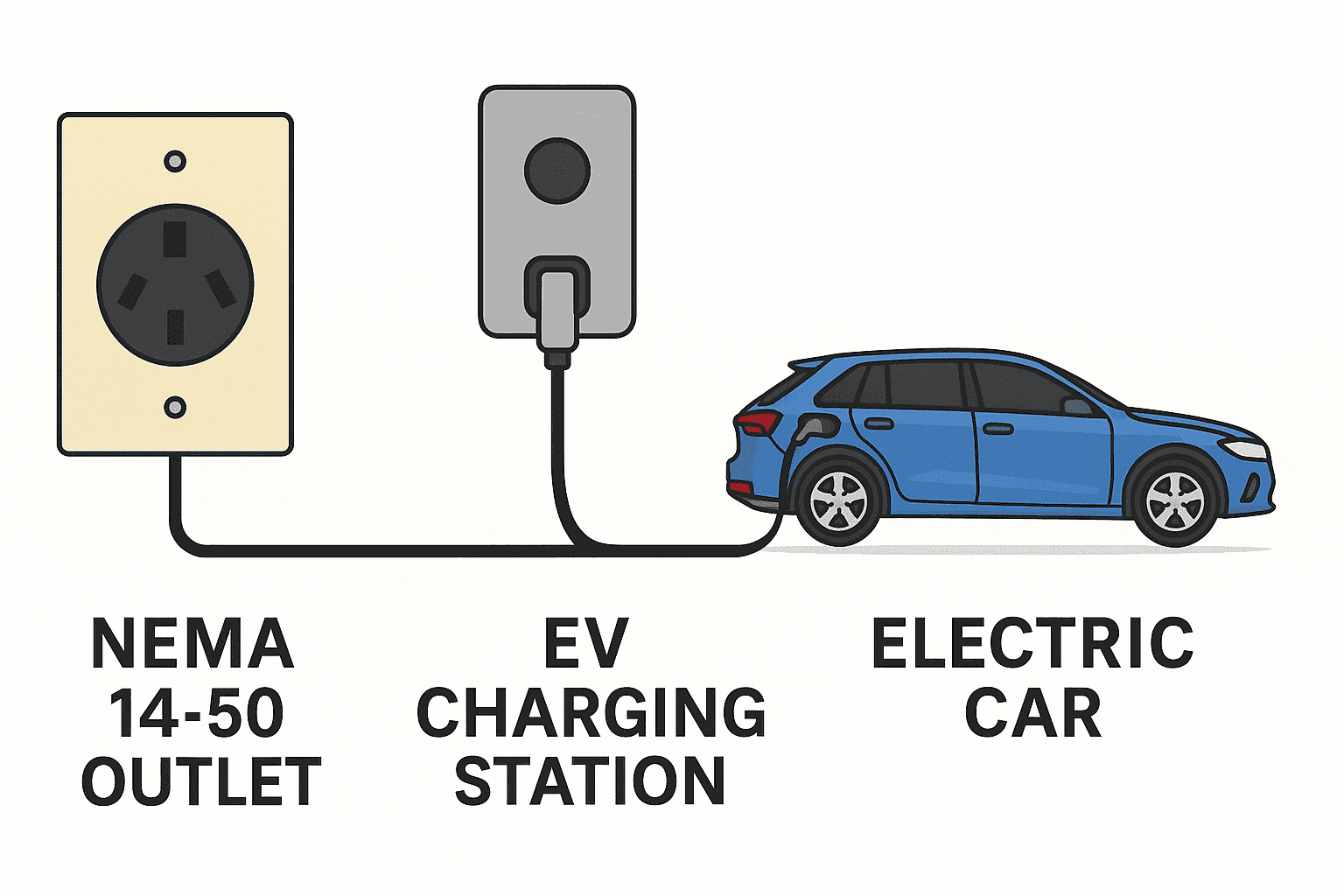 A diagram of a home charging setup: a NEMA 14-50 outlet feeding a wall-mounted EV charging station, which connects by cable to an electric car.