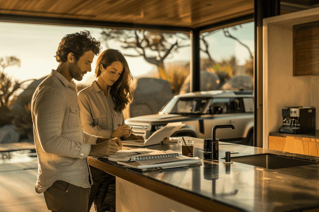 California couple reviewing vehicle paperwork at home with luxury SUV in driveway