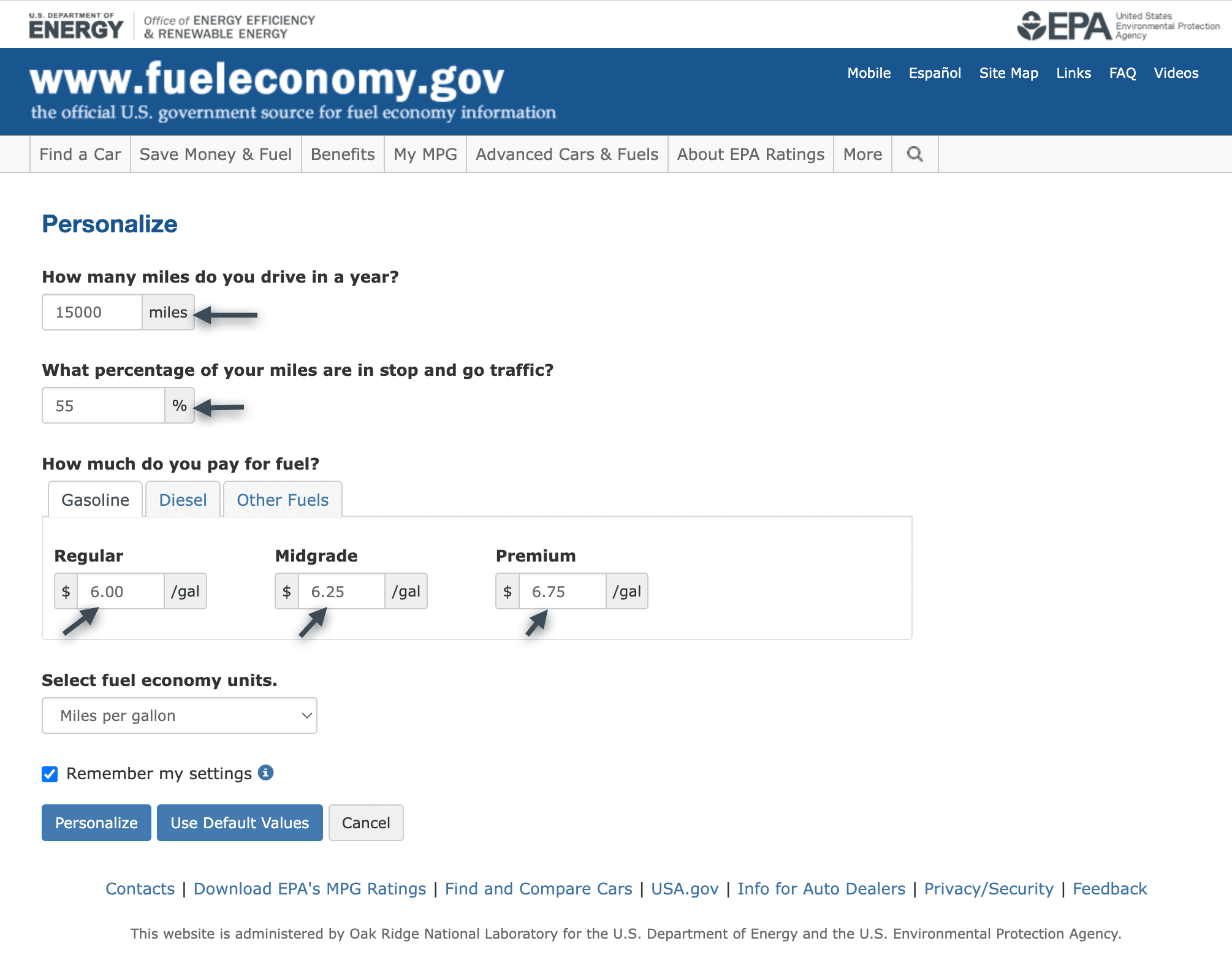 The Personalize form, with annual mileage set to 15,000, stop-and-go driving to 55 percent, and regular gasoline to $6.00 a gallon.