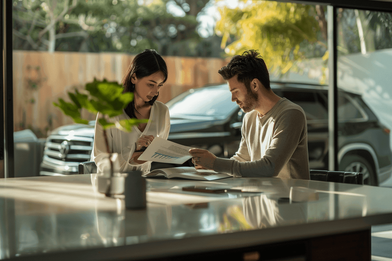 Professional California couple reviewing finances at home with SUV in driveway