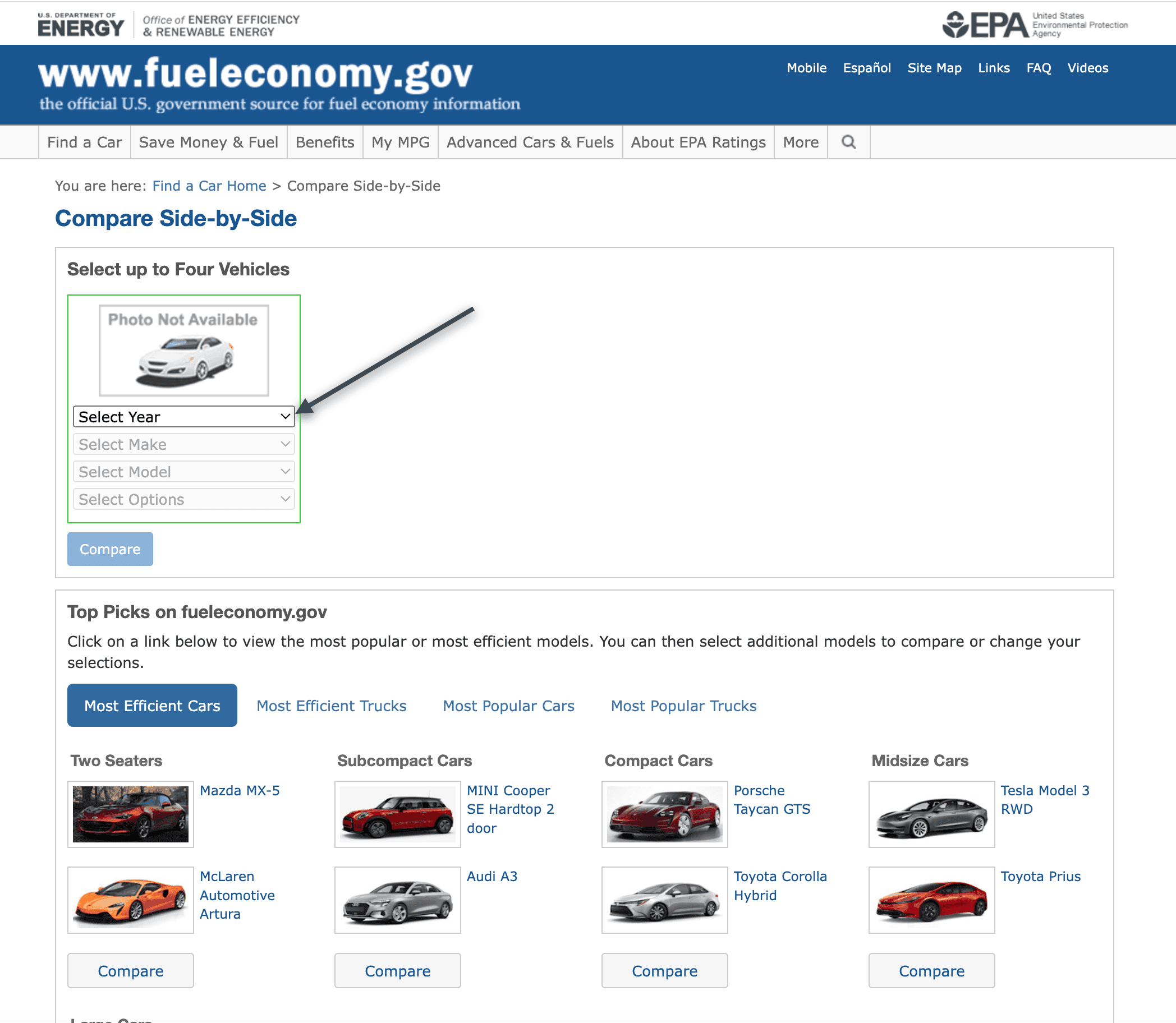 The fueleconomy.gov Compare Side-by-Side tool, with the Select Year dropdown marked as the first step in building a comparison.