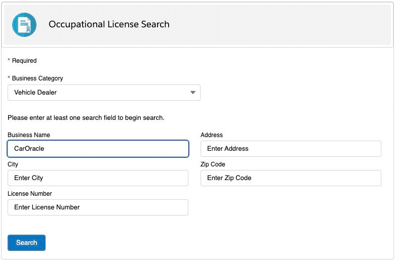 The California DMV Occupational License Lookup search form, with Vehicle Dealer selected and CarOracle entered as the business name.