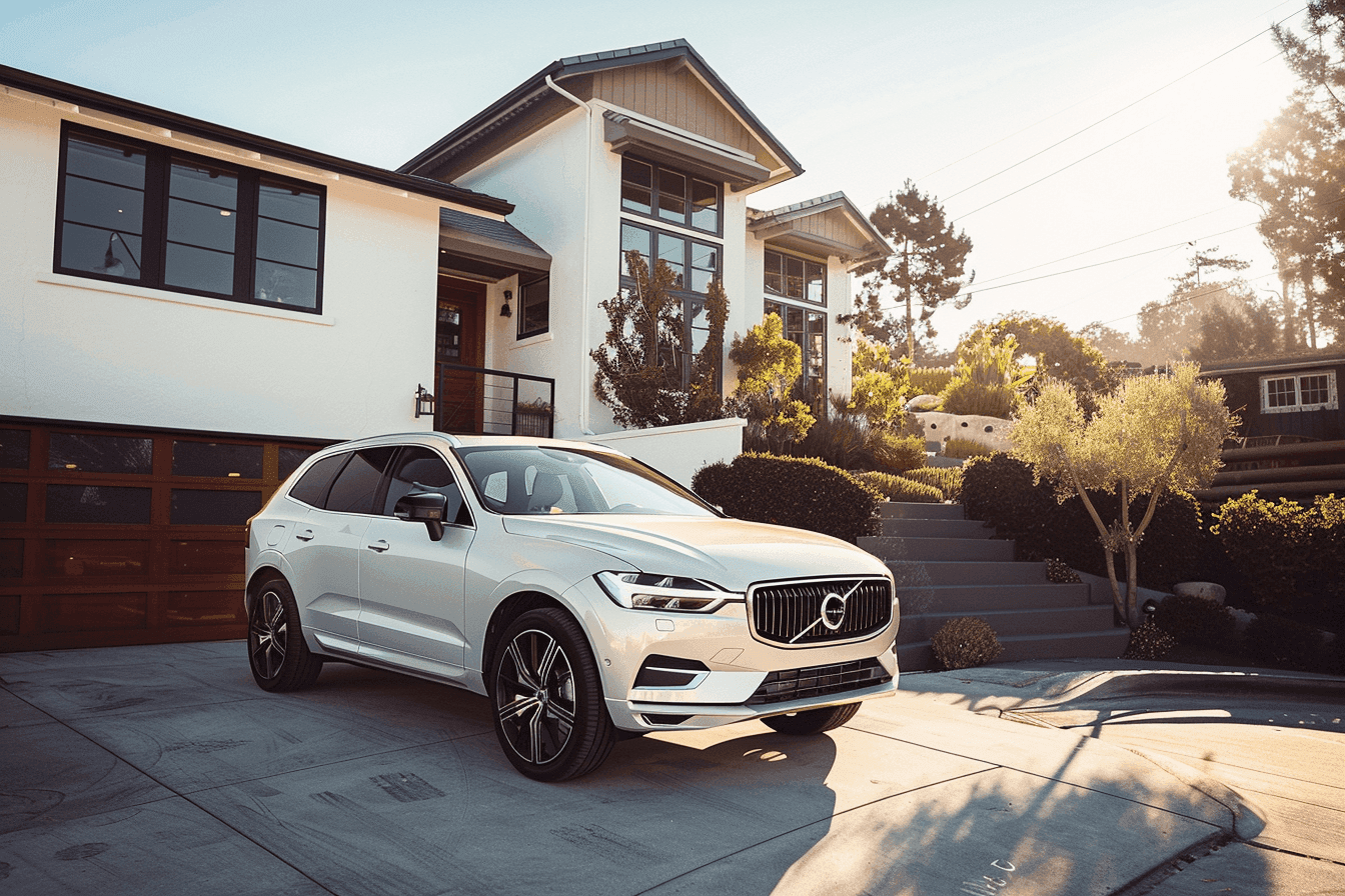 A white Volvo XC60 parked on the driveway of a California home in late afternoon light.
