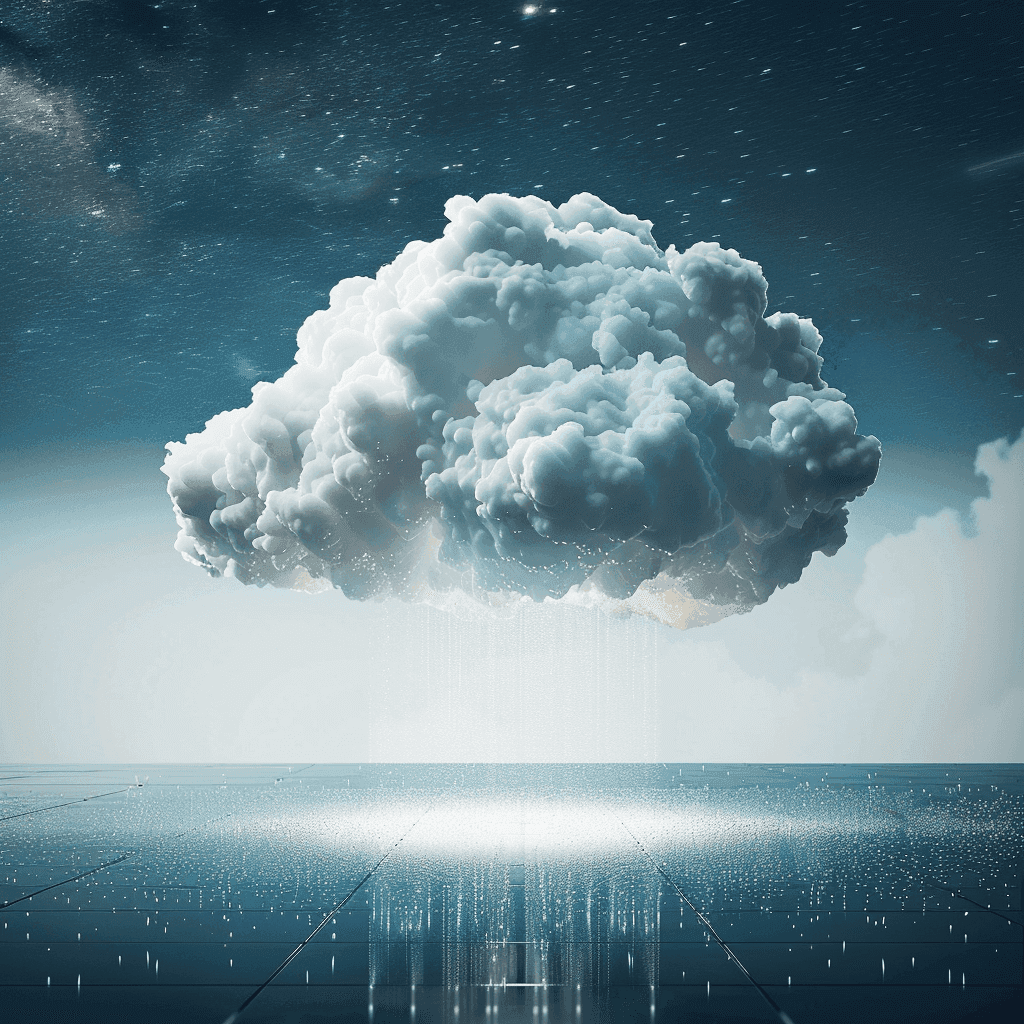A cloud raining points of light onto a mirrored grid plane.